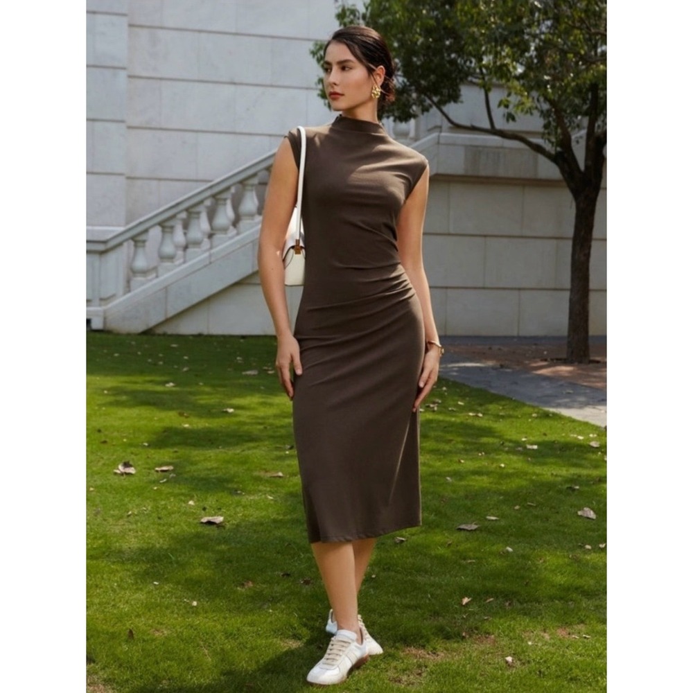 OGL Brown Mock Neck Ruched Side Sleeveless Midi Dress XS